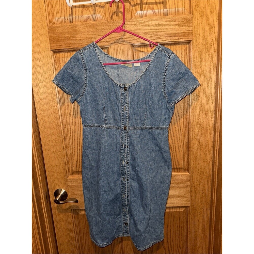 Y2K Denim Dress Sz 10 Mid Length Empire Waste Brass Buttons Cottage Cap Sleeve